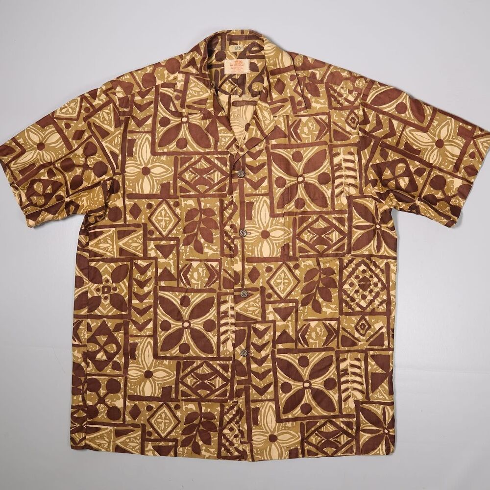 Vintage Ui Maikai Hawaiian Aloha Shirt Brown Floral Tiki Made in Hawaii Large